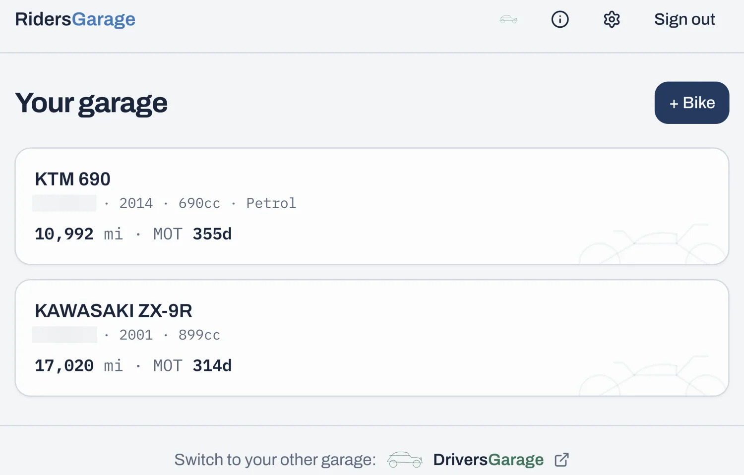 The RidersGarage garage view: two bikes with mileage and days until the next MOT