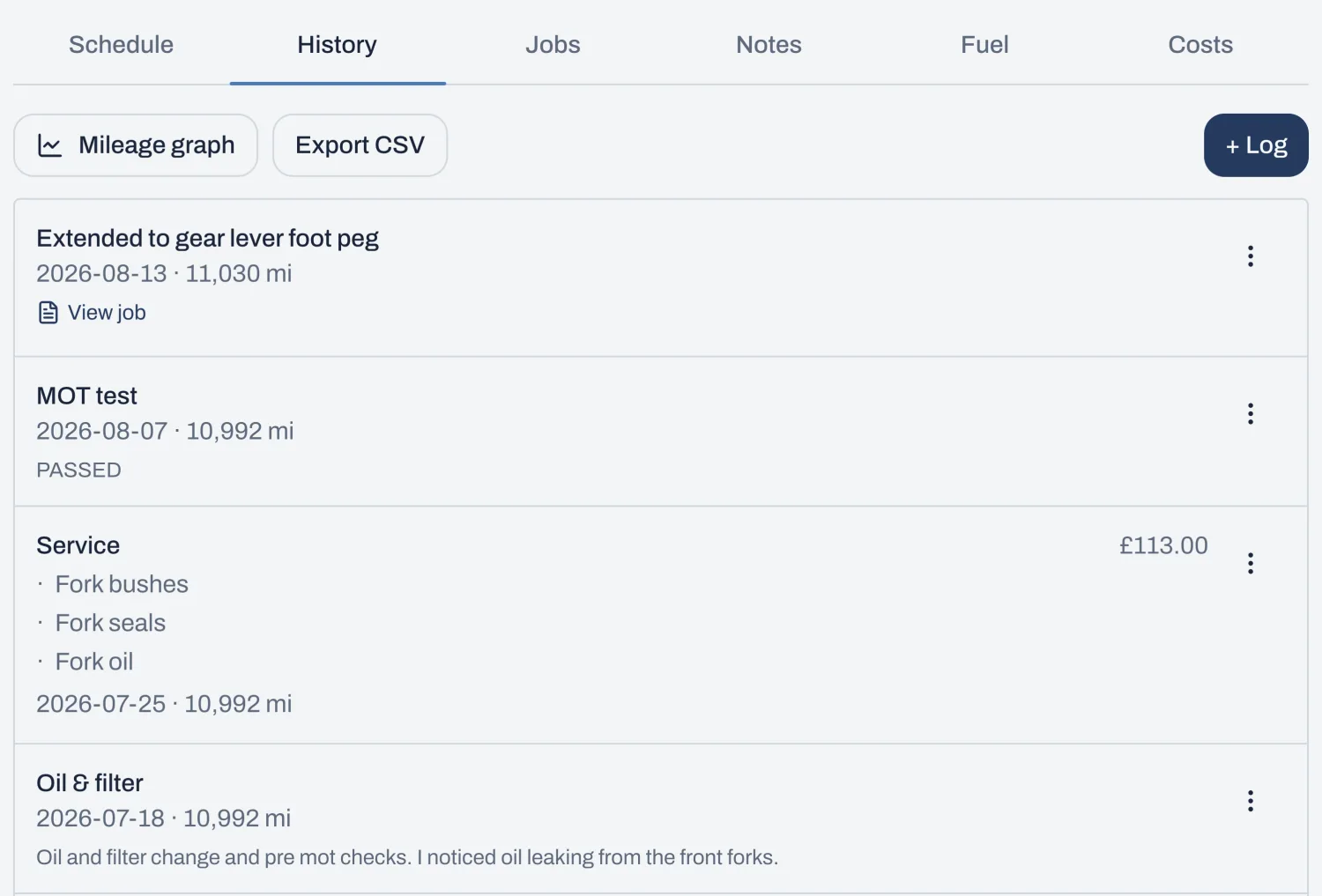 A bike's service history in RidersGarage: MOT results and itemised services with costs